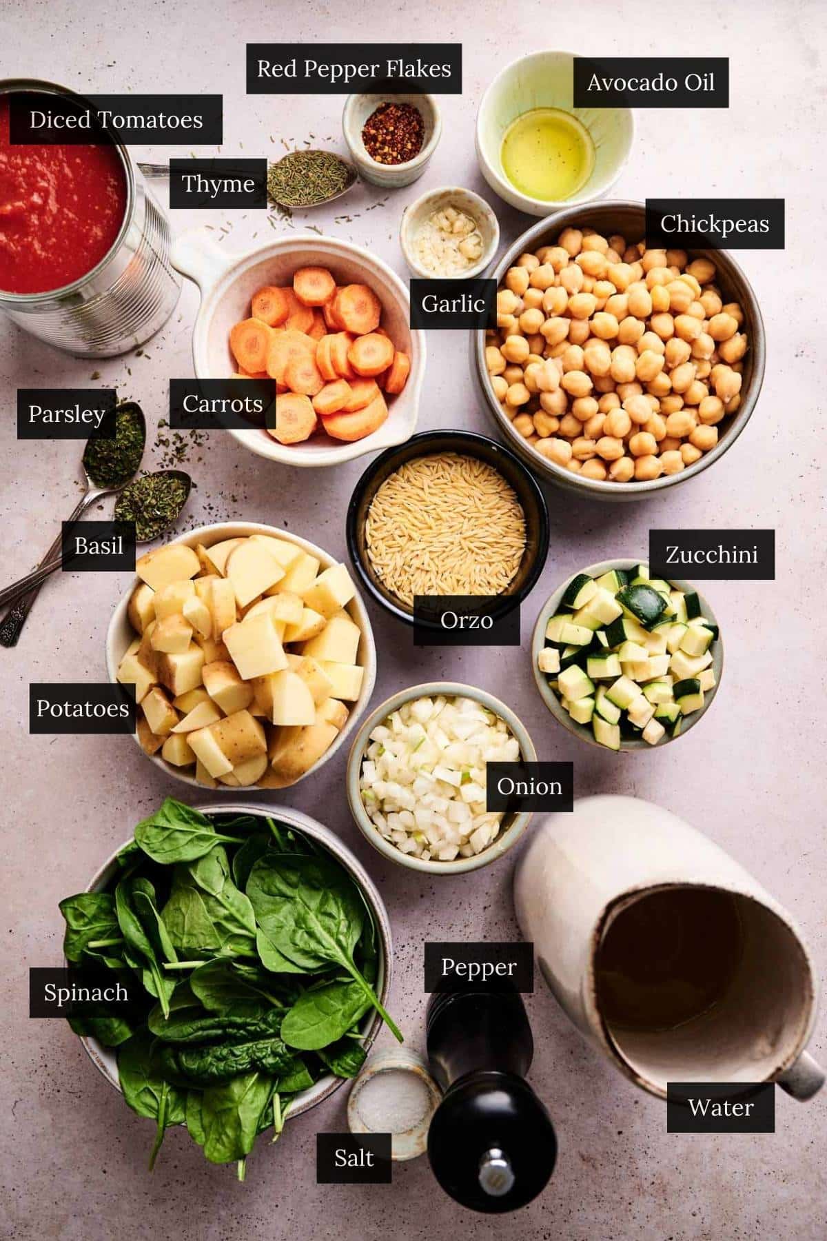 Ingredients for orzo veggie soup labeled.