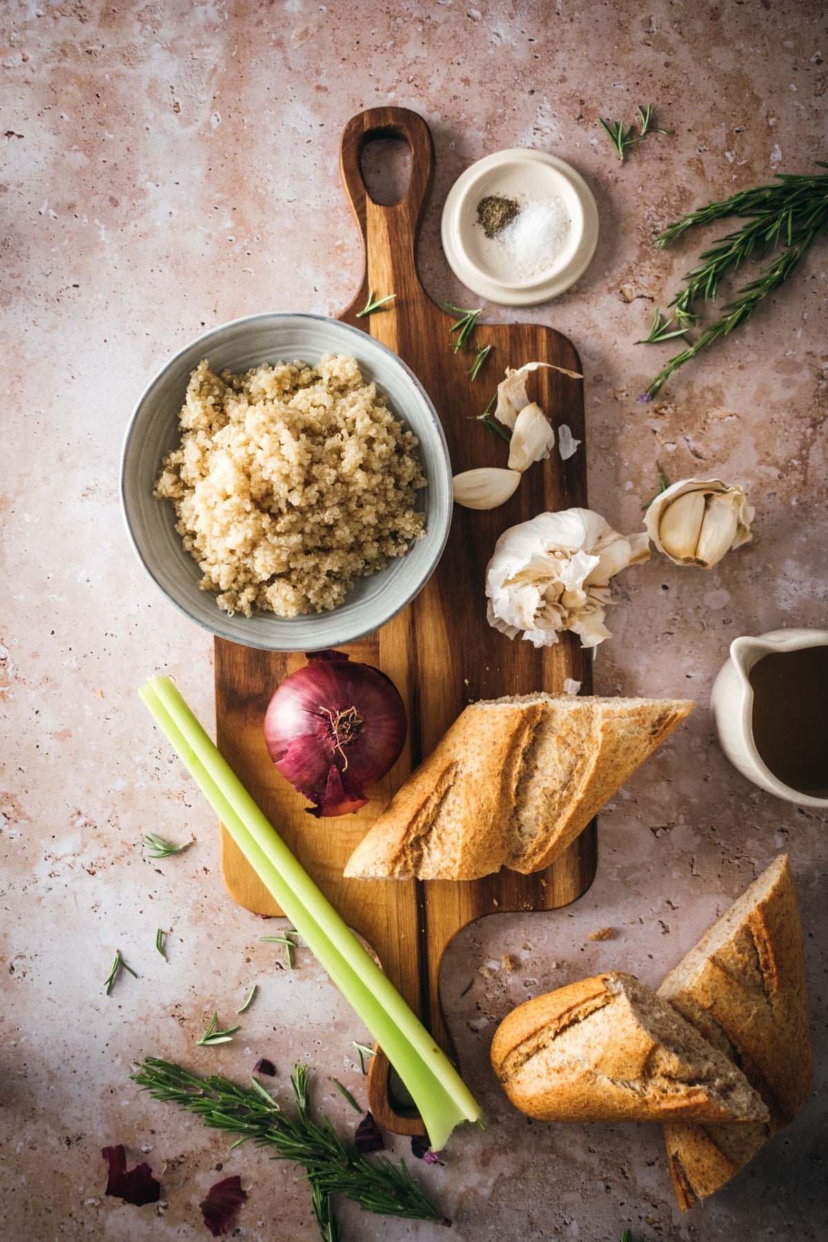 Vegan stuffing recipe ingredients with labels.