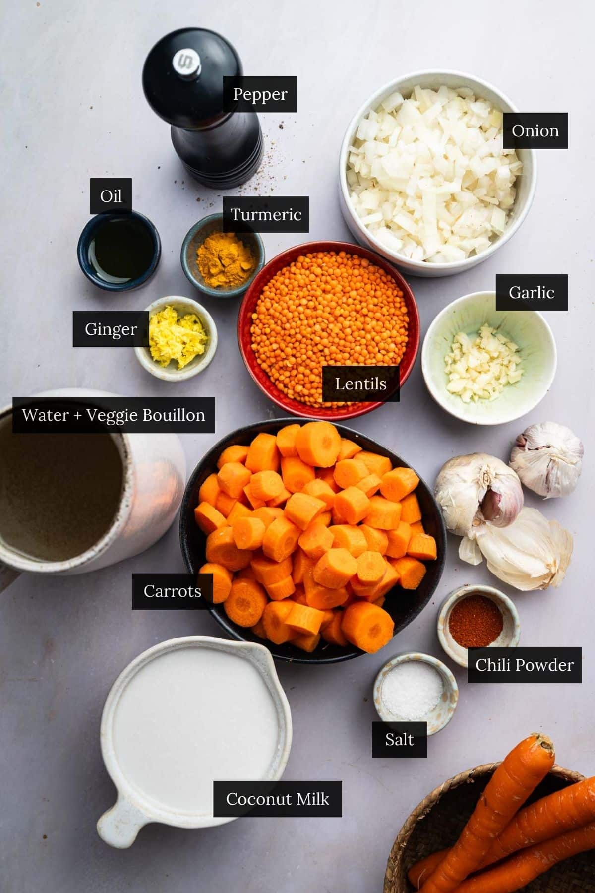 Ingredients for lentil and carrot soup with each ingredient labeled.