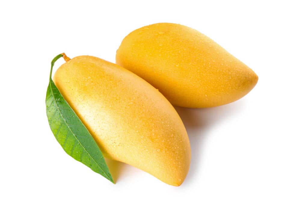 Two yellow-orange mangoes with a green leaf.