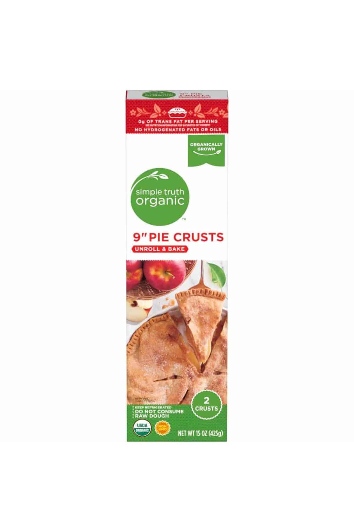 Simple truth organic pie dough inside a white, green, and red labeled box.