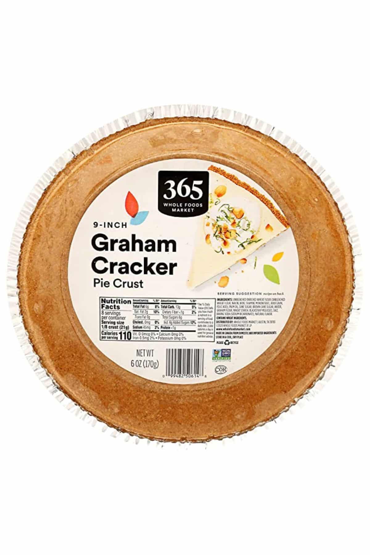 365 Graham Cracker Pie Crust with a white label in a tin pie pan.