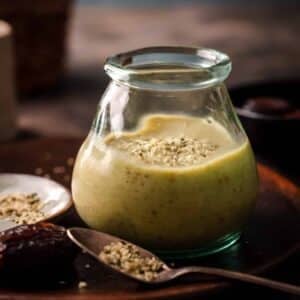 A small glass jar filled with avocado smoothie with a spoon of hemp seeds on the table.