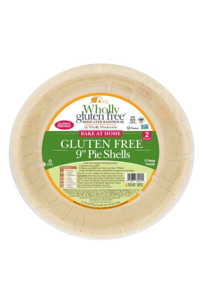 Wholly gluten-free 9-inch pie shell with a green label.