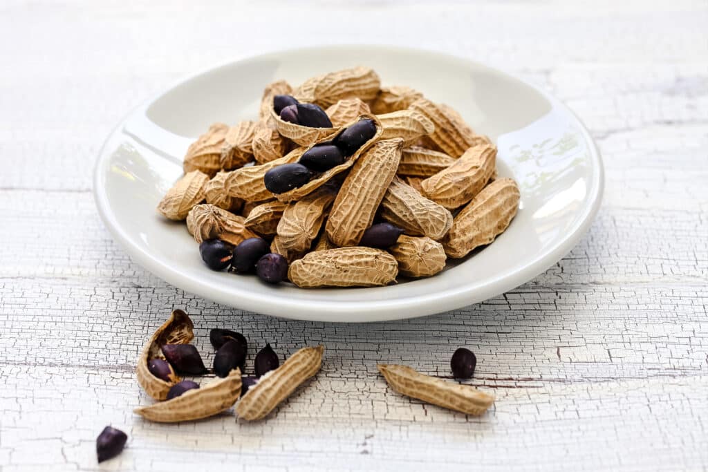 Black peanuts in a white bowl with black peanuts scattered on the surrounding table.