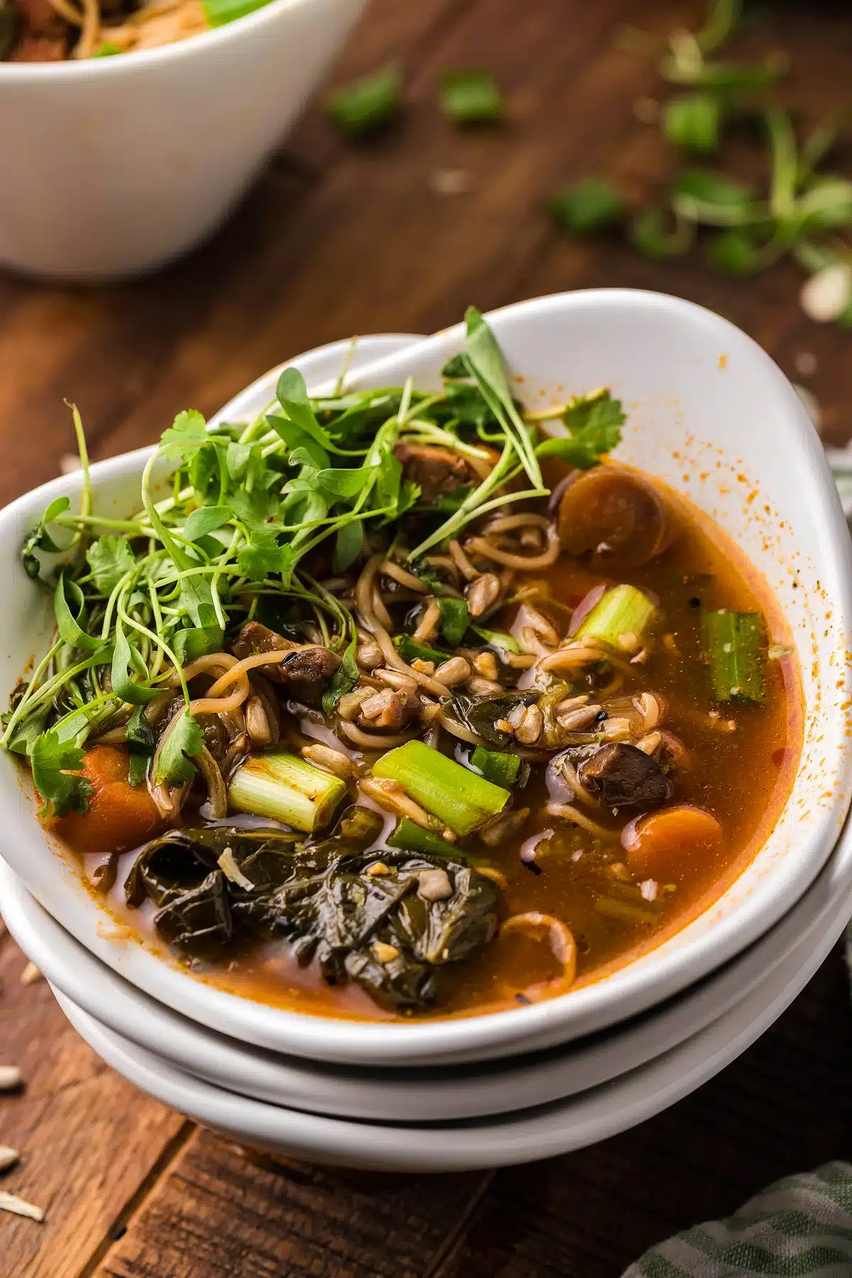 A vegan tofu soup with vegetables and noodles.