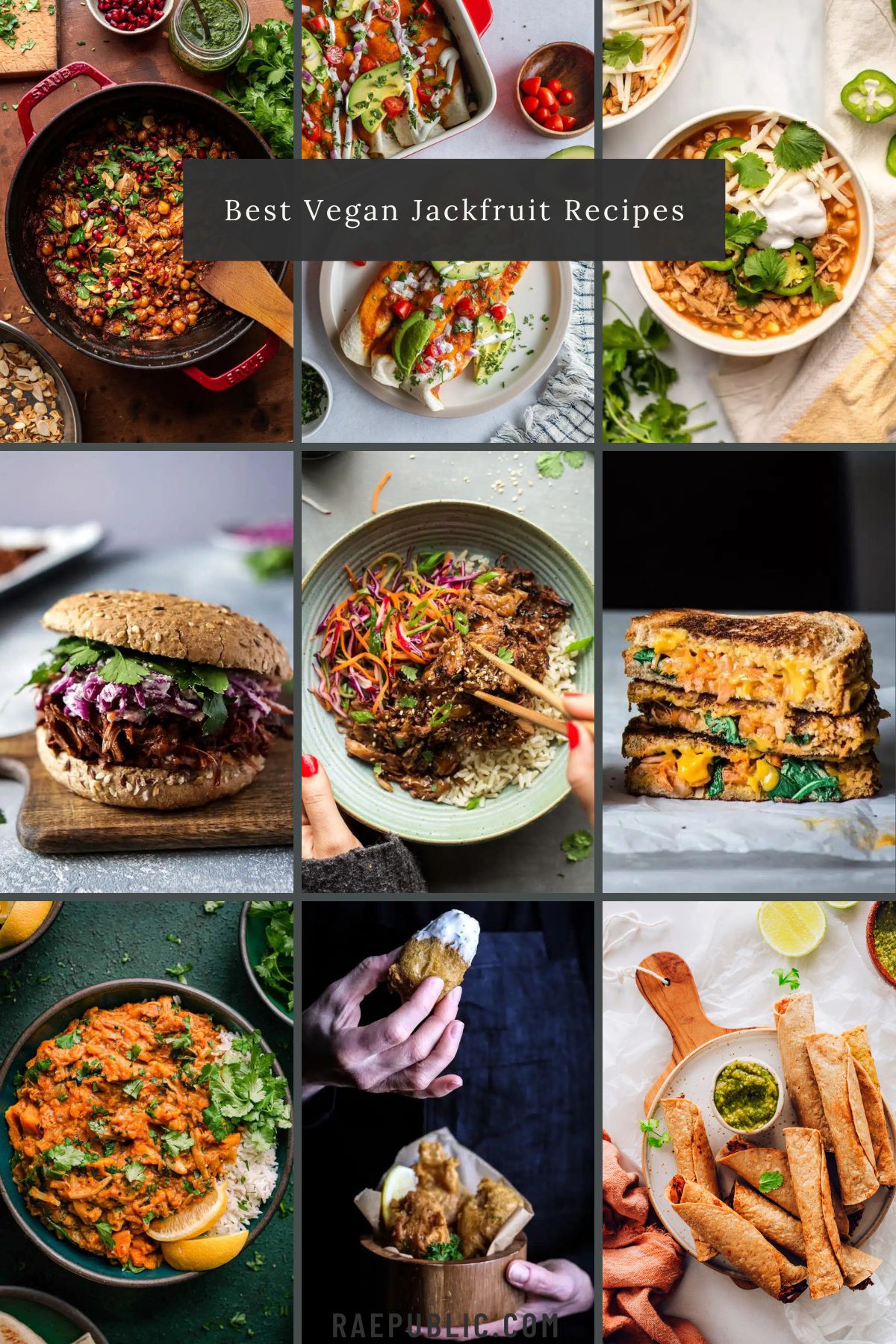 A collage of vegan jackfruit recipes, featuring tacos, sandwiches, bowls, and wraps.