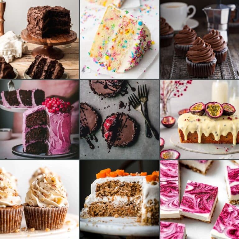 A collage of nine different vegan cakes.