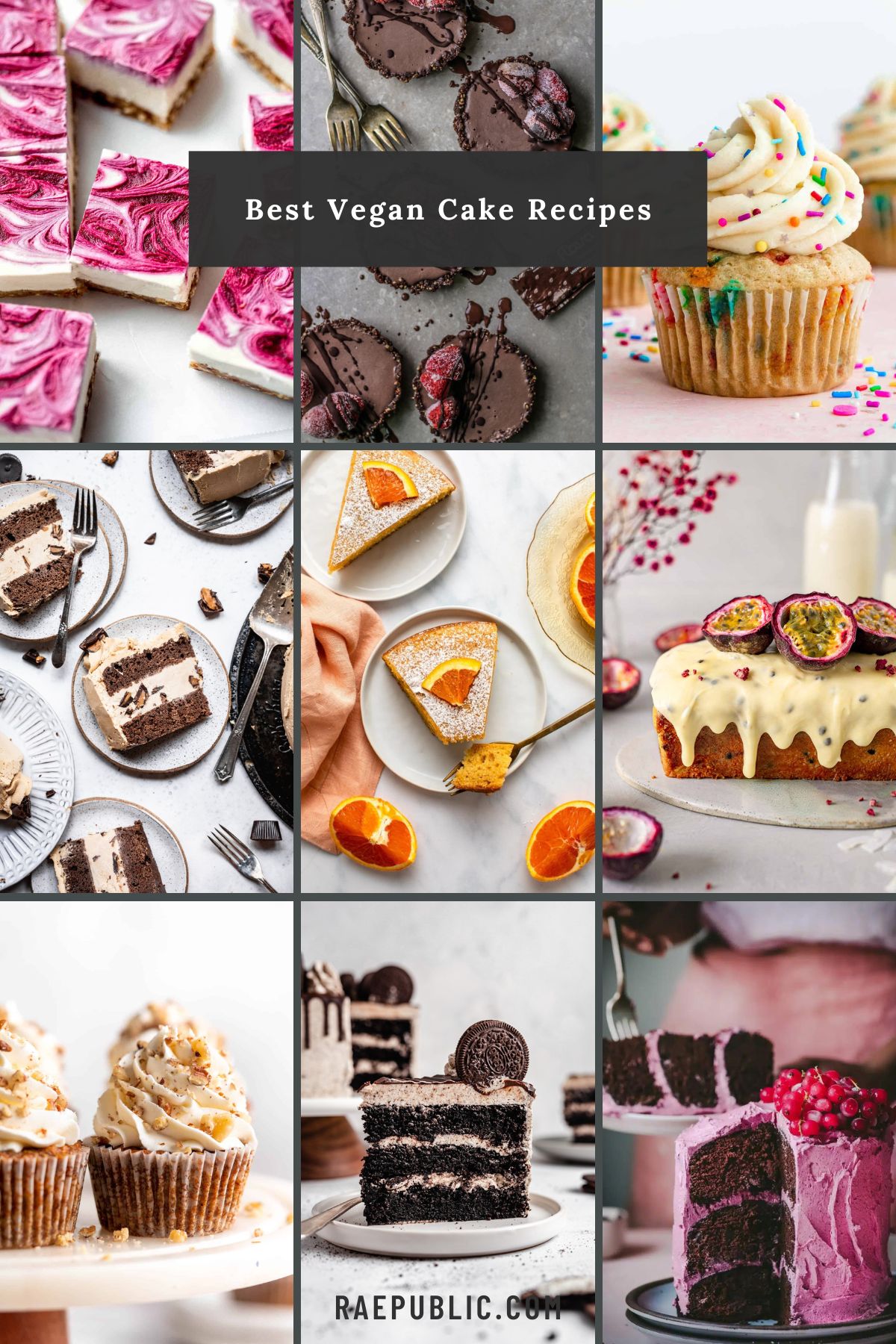 A collage of various vegan cakes.