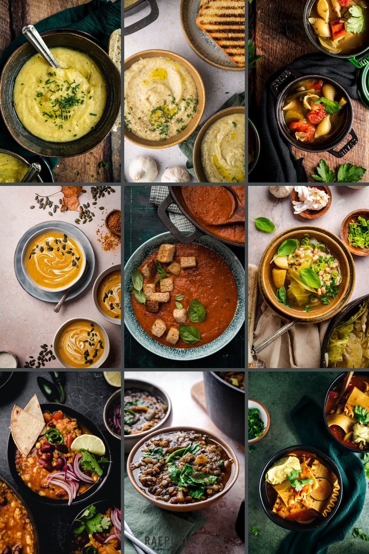 A collage of 9 different types of winter soups in bowls.