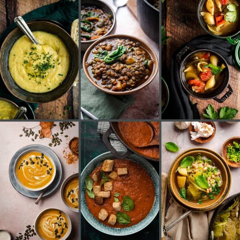 A grid of six photos showing different types of winter soups.