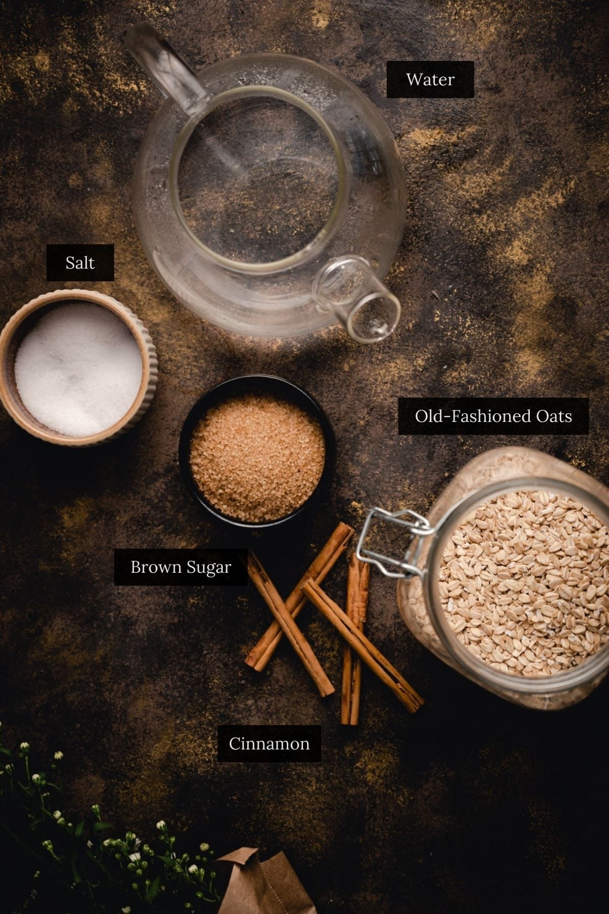 A flat lay of labeled ingredients for making brown sugar cinnamon oatmeal: water, salt, brown sugar, cinnamon sticks, and old-fashioned oats.