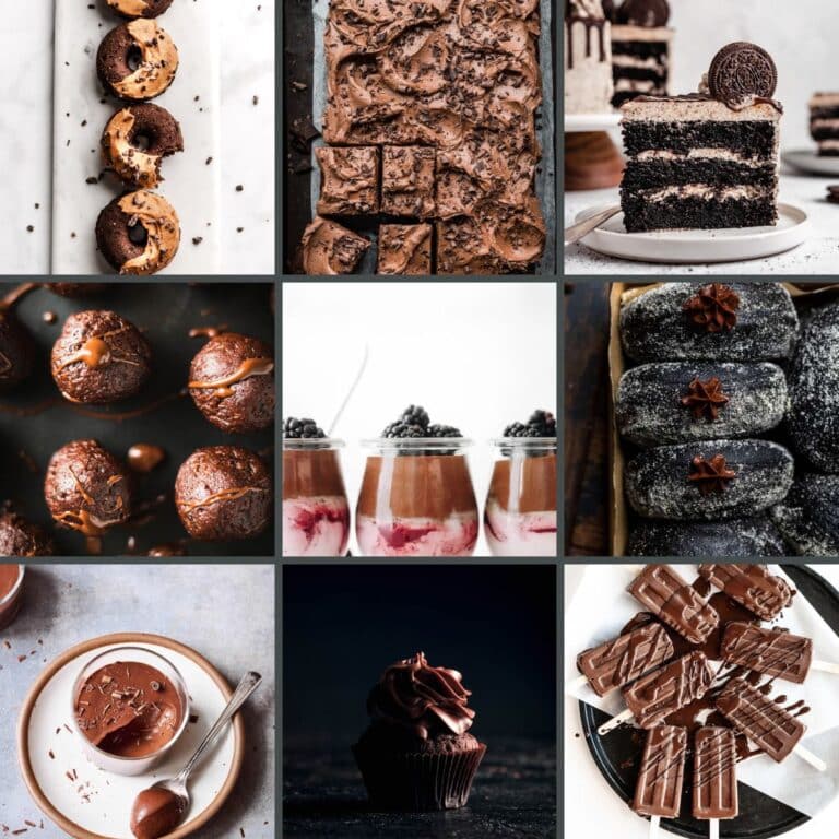 A collage of assorted vegan chocolate desserts, including donuts, brownies, cake, truffles, parfaits, eclairs, mousse, cupcakes, and chocolate bars.