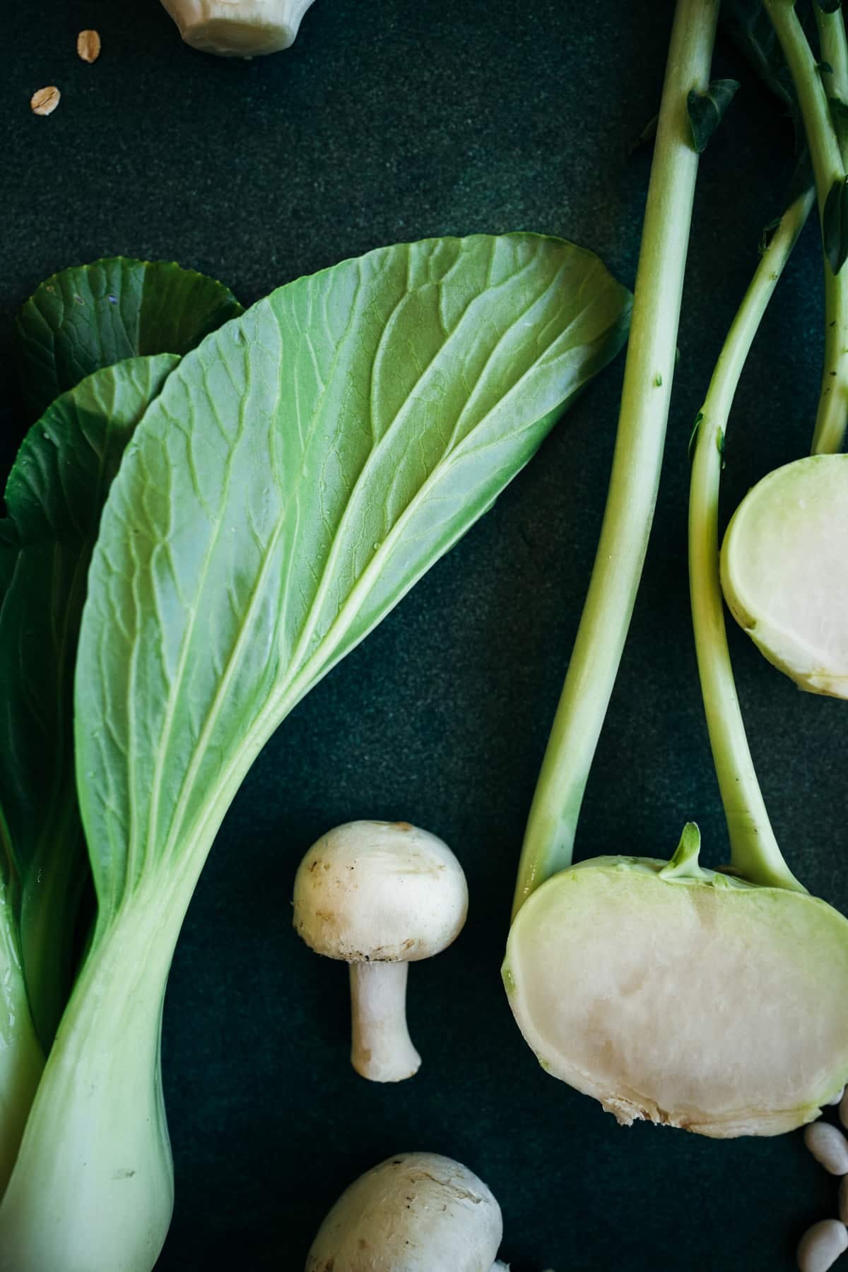 White and green bock choy, white mushrooms, and kohlrabi.