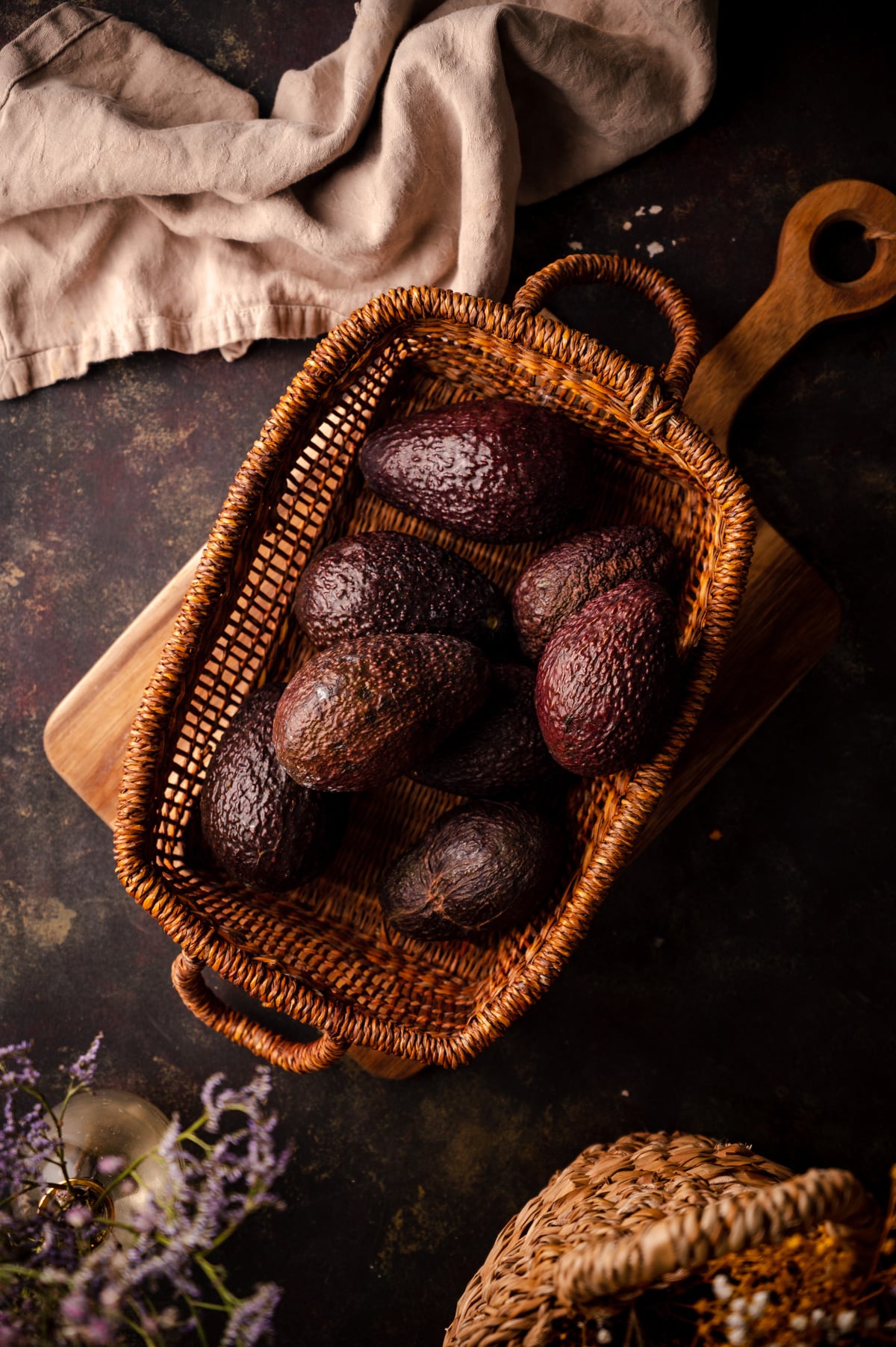 Basket of ripe avocados.