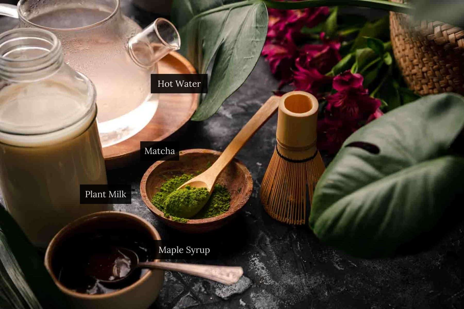 Ingredients for matcha milk tea recipe with tropical plants surrounding them.