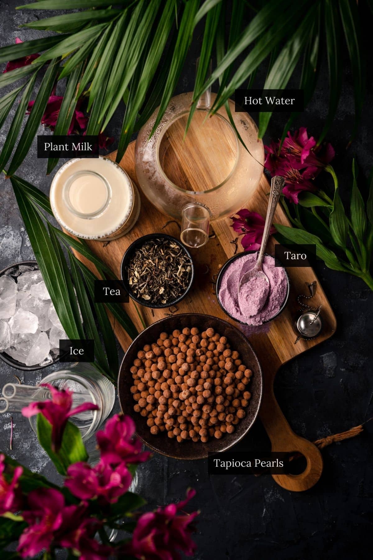 Ingredients for taro bubble tea.