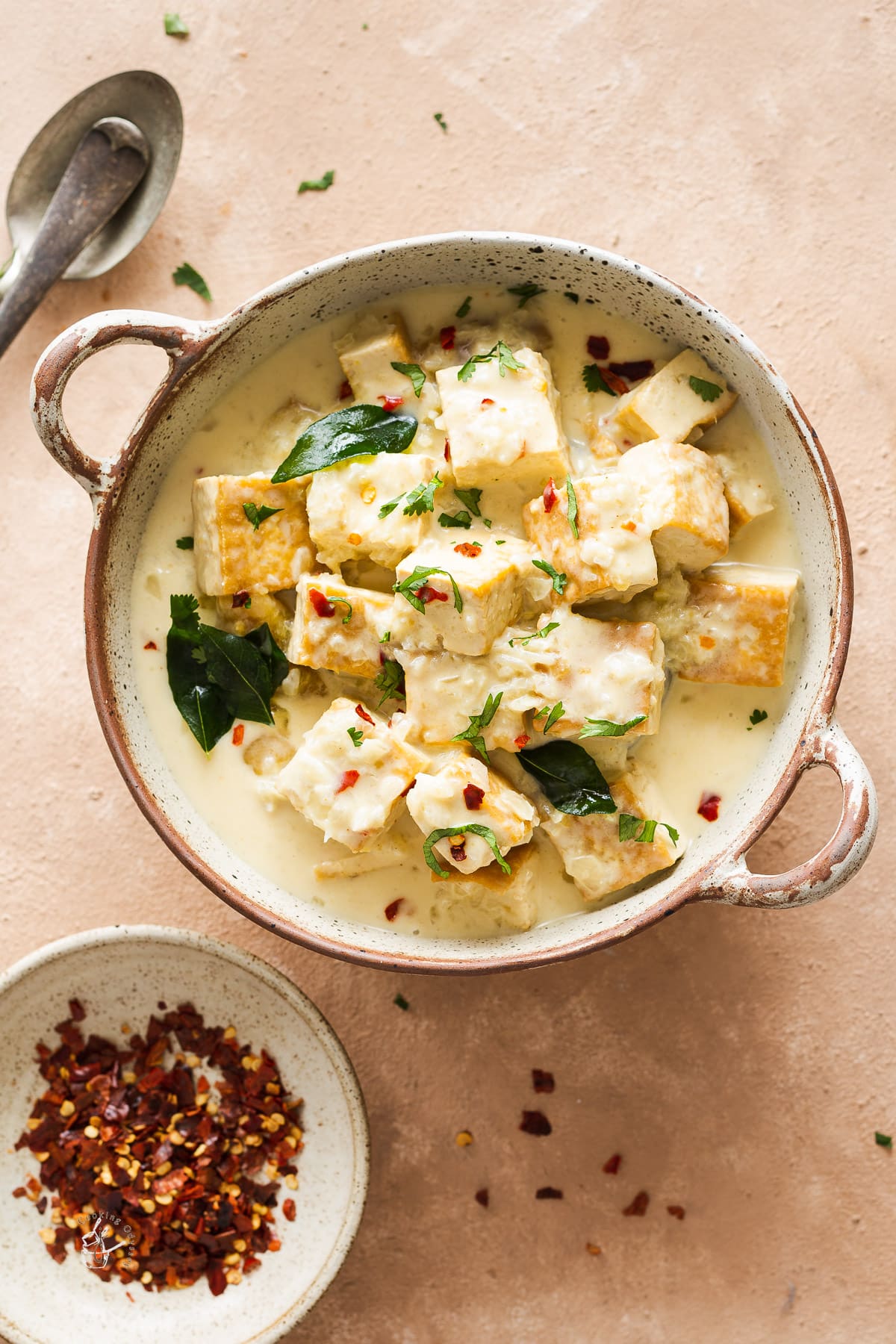 A bowl of curry with tofu in it.