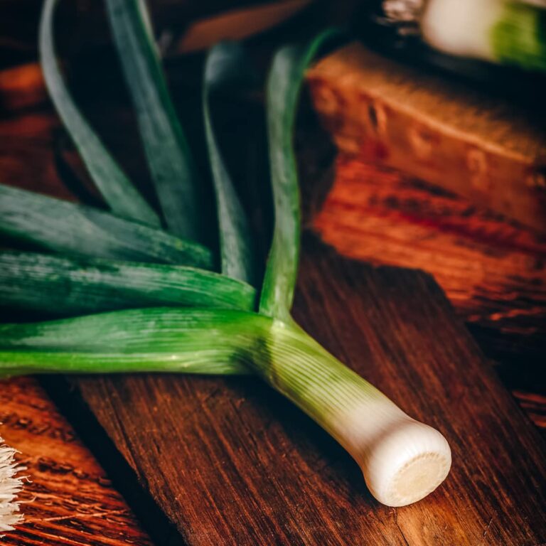 A leek on a wooden cutting board.