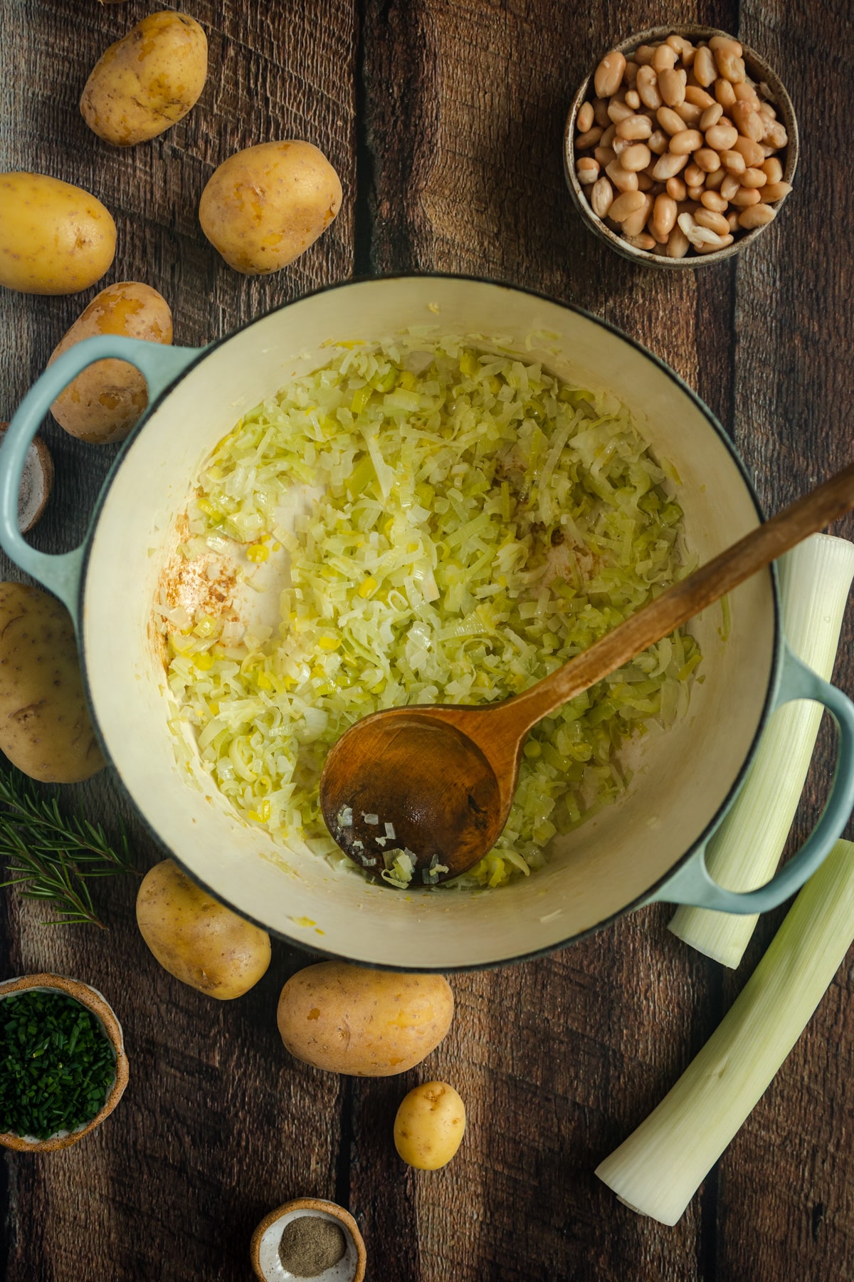 Stirring potato leek soup.
