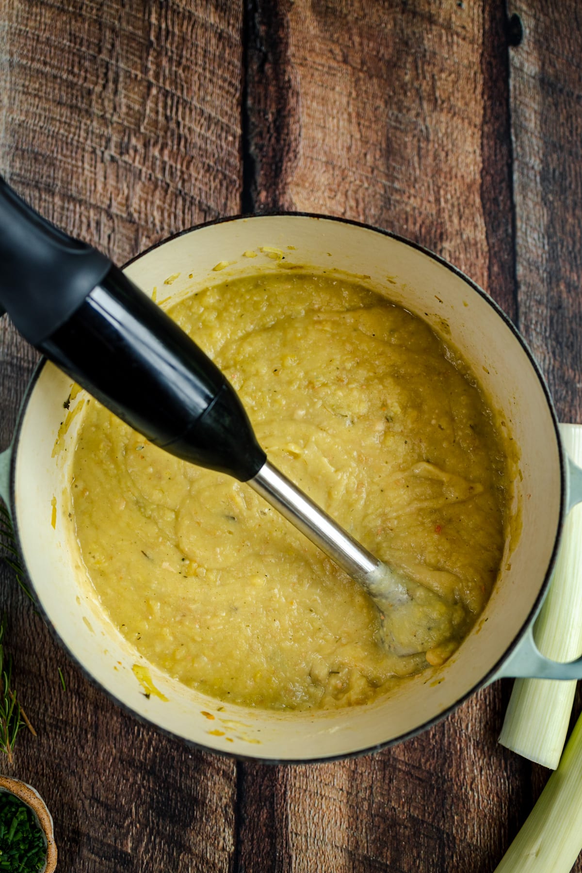 Creamy potato soup in a large pot.