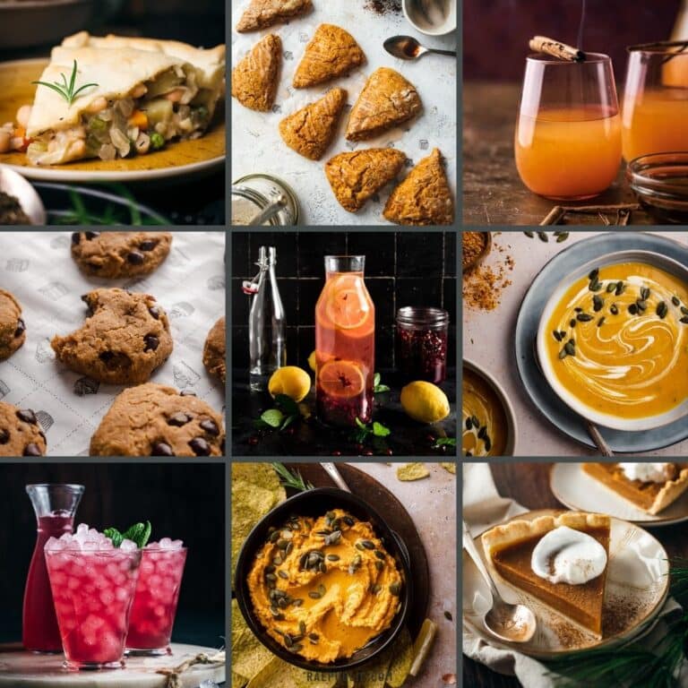 A collage of various autumn-themed foods and drinks, featuring vegan Christmas recipes like pies, cookies, scones, pumpkin dishes, and festive beverages.