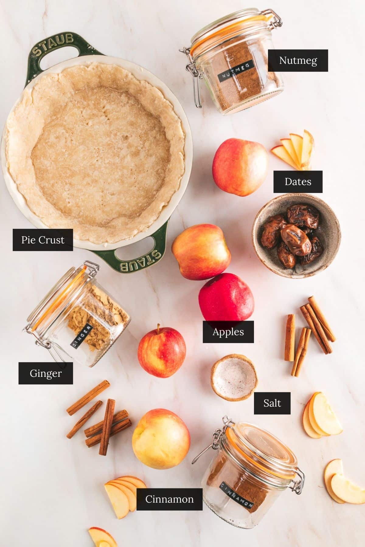 Overhead view of a pie crust surrounded by labeled ingredients for apple pie: nutmeg, dates, apples, ginger, salt, and cinnamon.