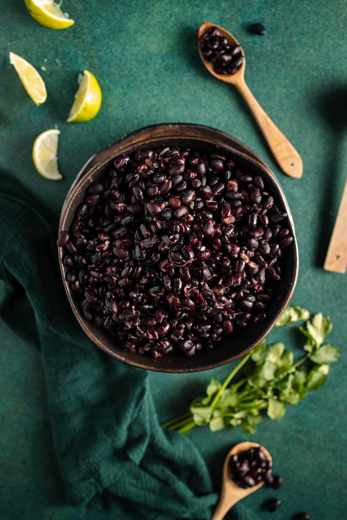 Black beans in a bowl on a green table.