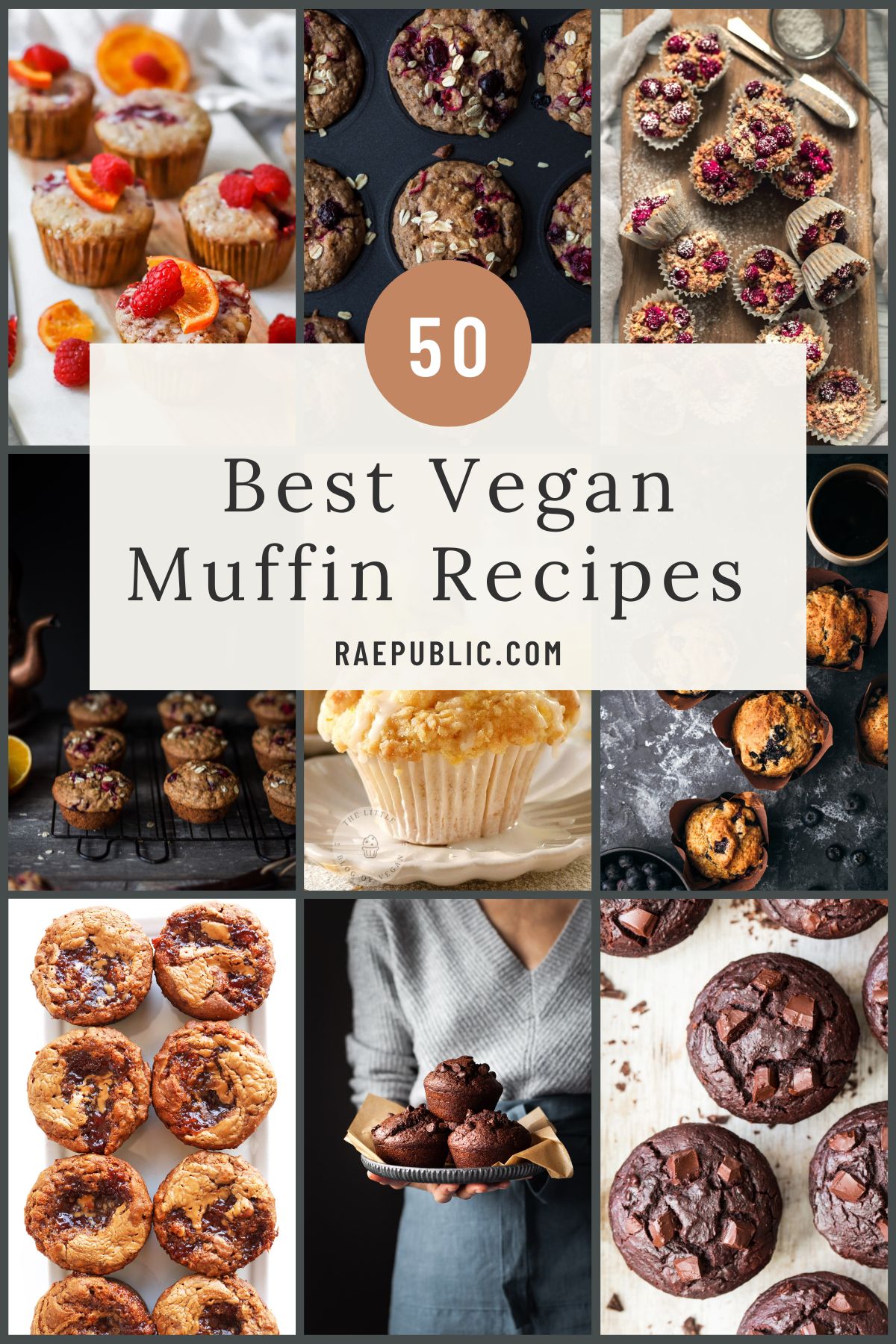 Collage of various vegan muffins, featuring a banner with text 'vegan muffin recipes' from raepublic.com.