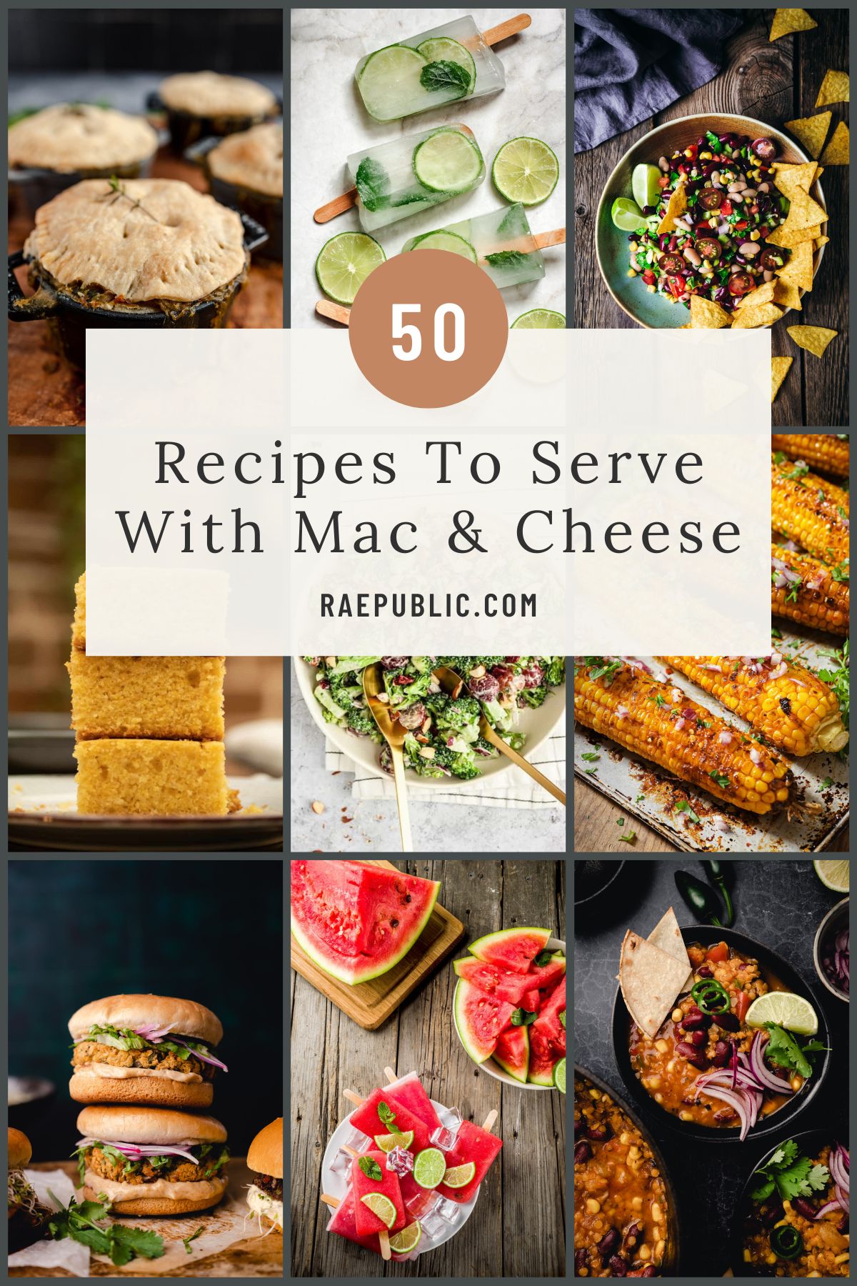 Collage of various dishes including mac and cheese, burgers, salads, and drinks, with the text "50 Recipes To Serve With Mac & Cheese" from raepublic.com.