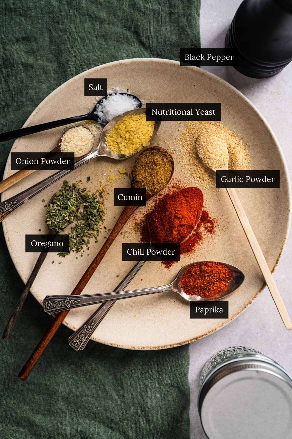 Ingredients for homemade taco seasoning labeled.