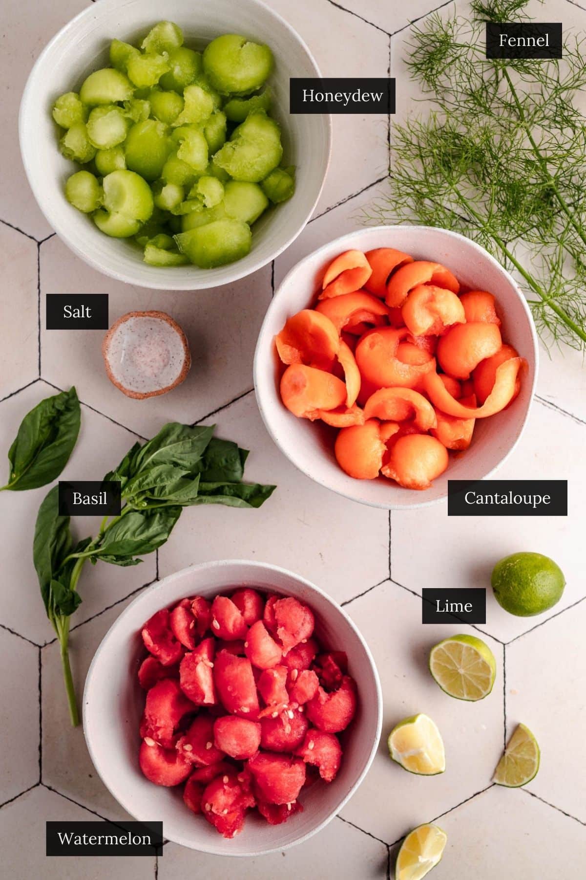 Three bowls of melon balls labeled honeydew, cantaloupe, and watermelon form a colorful melon salad. Surrounding the bowls are labeled items: fennel, salt, basil, and lime slices.