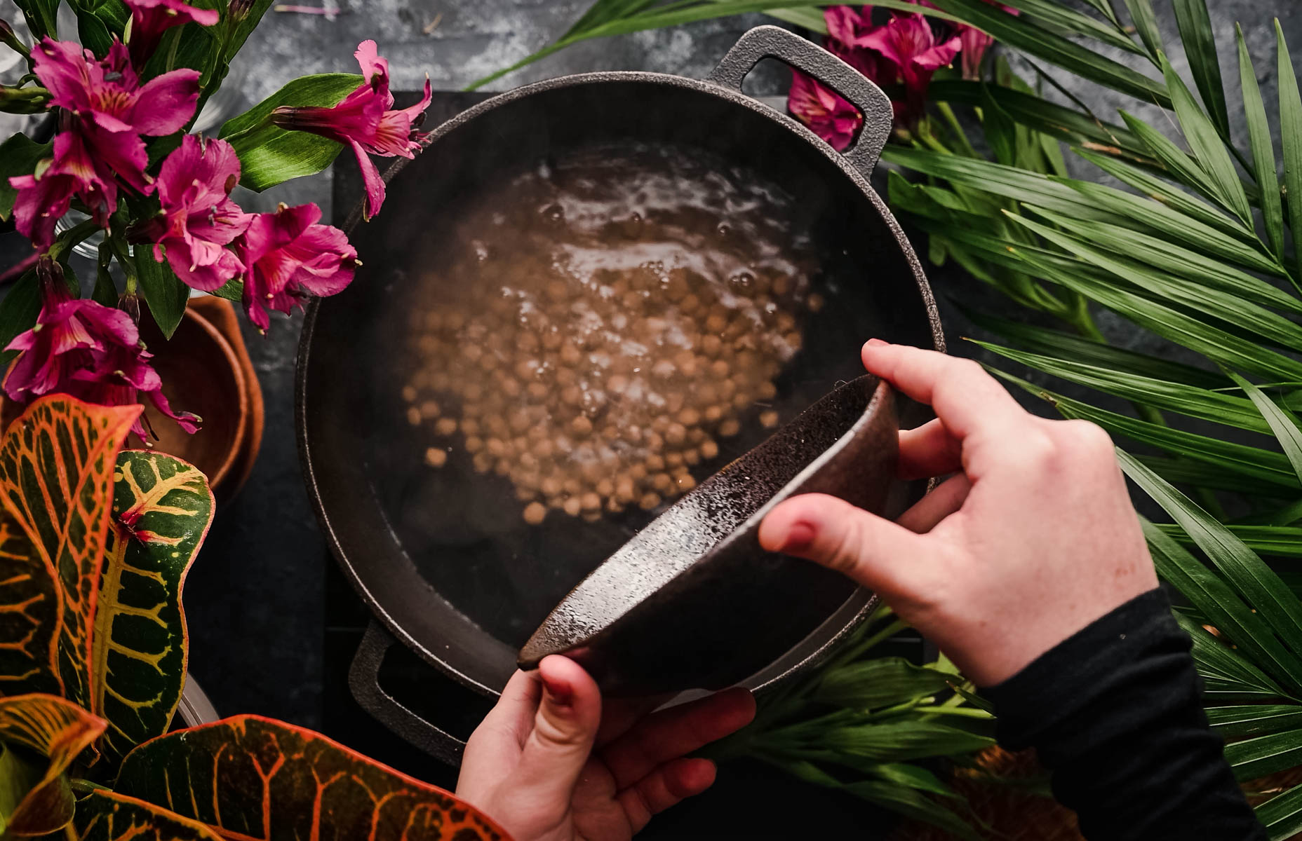 Cooking and preparing tapioca pearls for matcha bubble tea recipe.