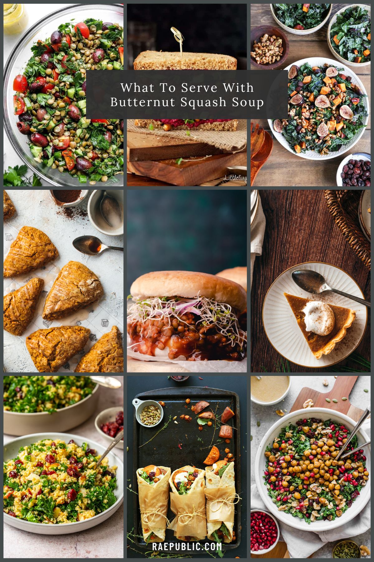 A collage of various dishes, including salads, wraps, pastries, and desserts, is centered around a text answering the question of what to serve with butternut squash soup.