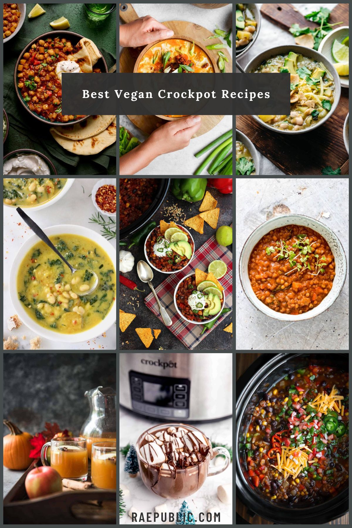 A collage of nine vegan crockpot meals displayed in individual dishes with the text "Best Vegan Crockpot Recipes" in the center.