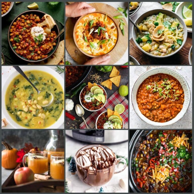 A collage of nine different food dishes and beverages, including soups, stews, a pasta dish.