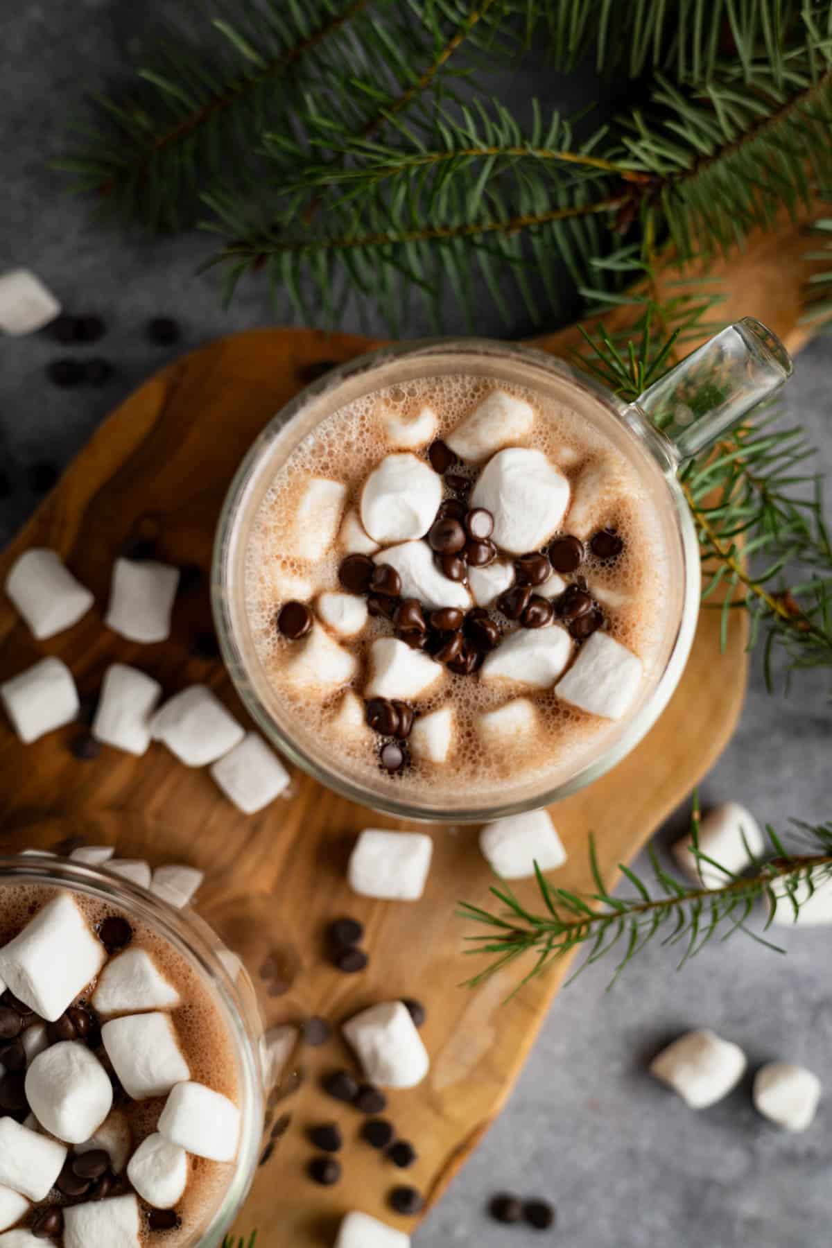 Top view of hot chocolate topped with marshmallows and chocolate chips, served in a glass mug on a wooden board, with pine branches nearby.