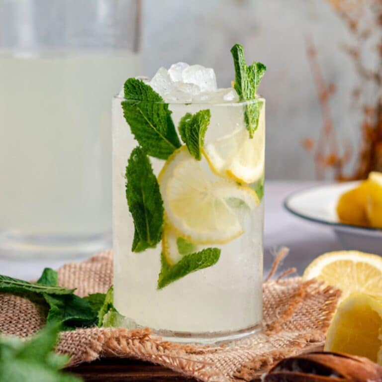 Glass of lemonade with fresh mint and lemon wedges.