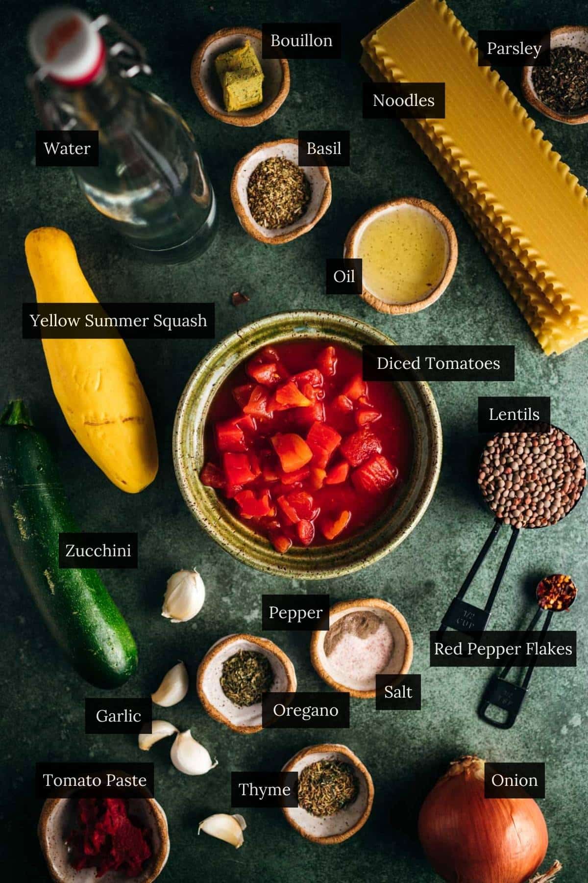 Ingredients for vegan lasagna soup labeled.