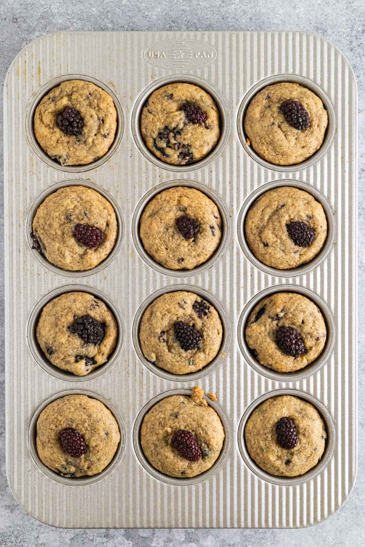 Baked vegan blackberry muffins in the muffin tin.