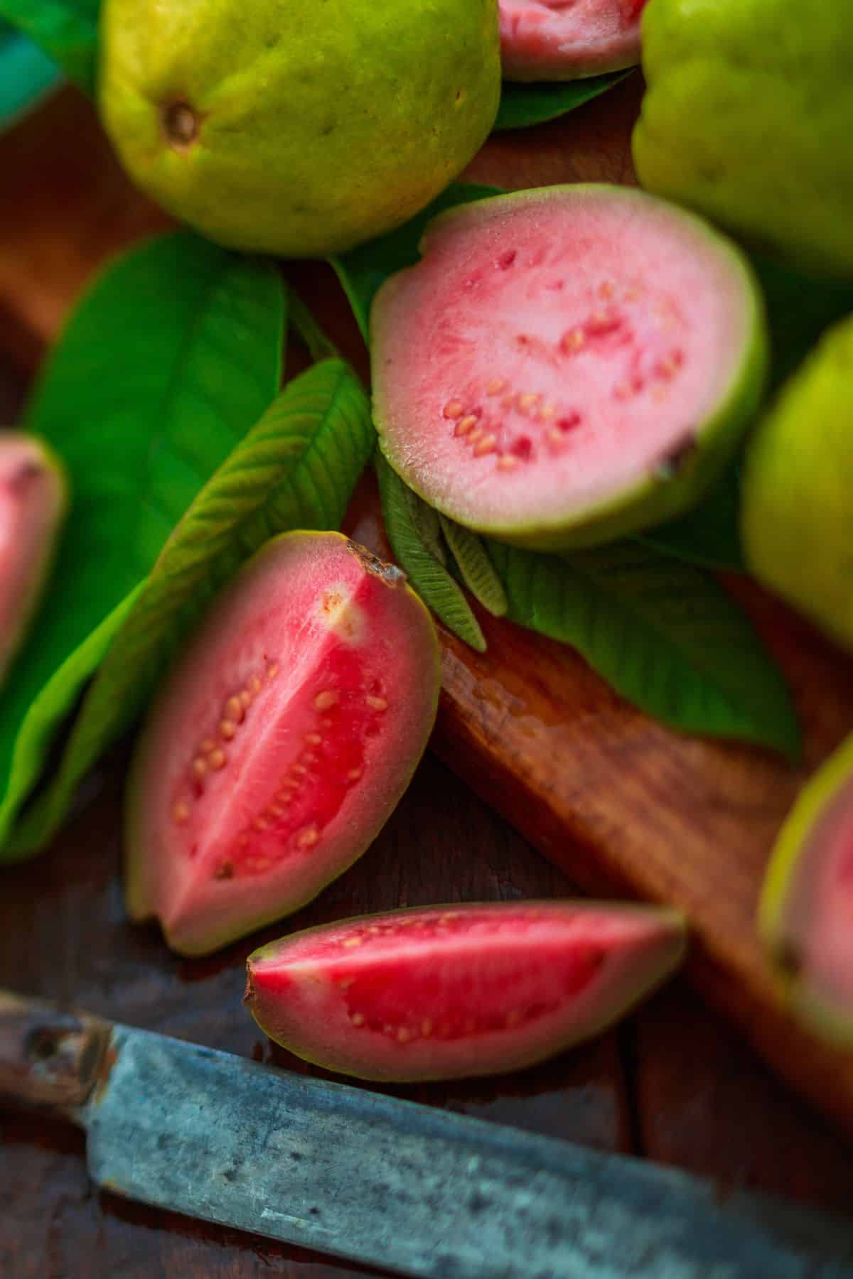 Warm pink guava with green skin.