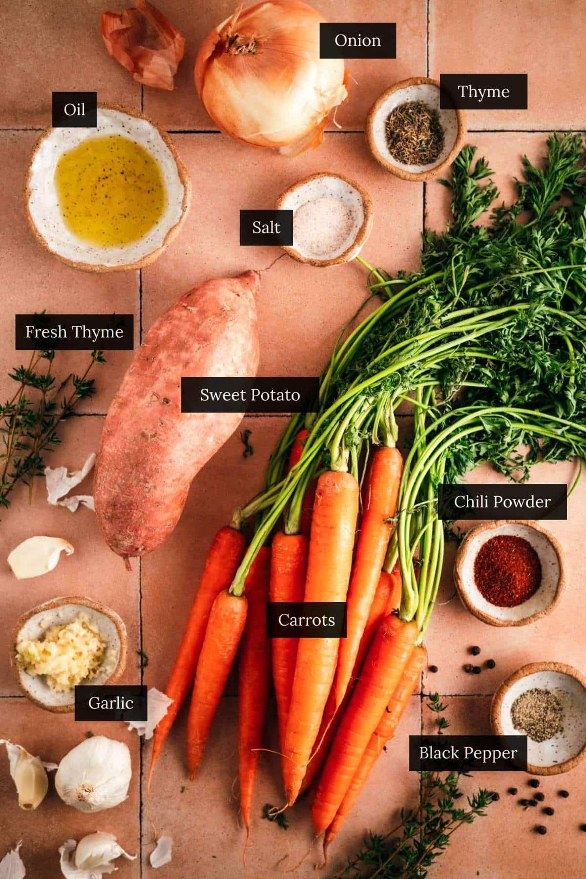 Ingredients for roasted sweet potatoes and carrots.