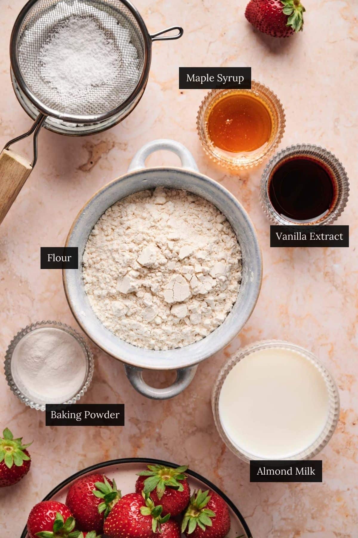 Ingredients for homemade mini pancakes with labels.