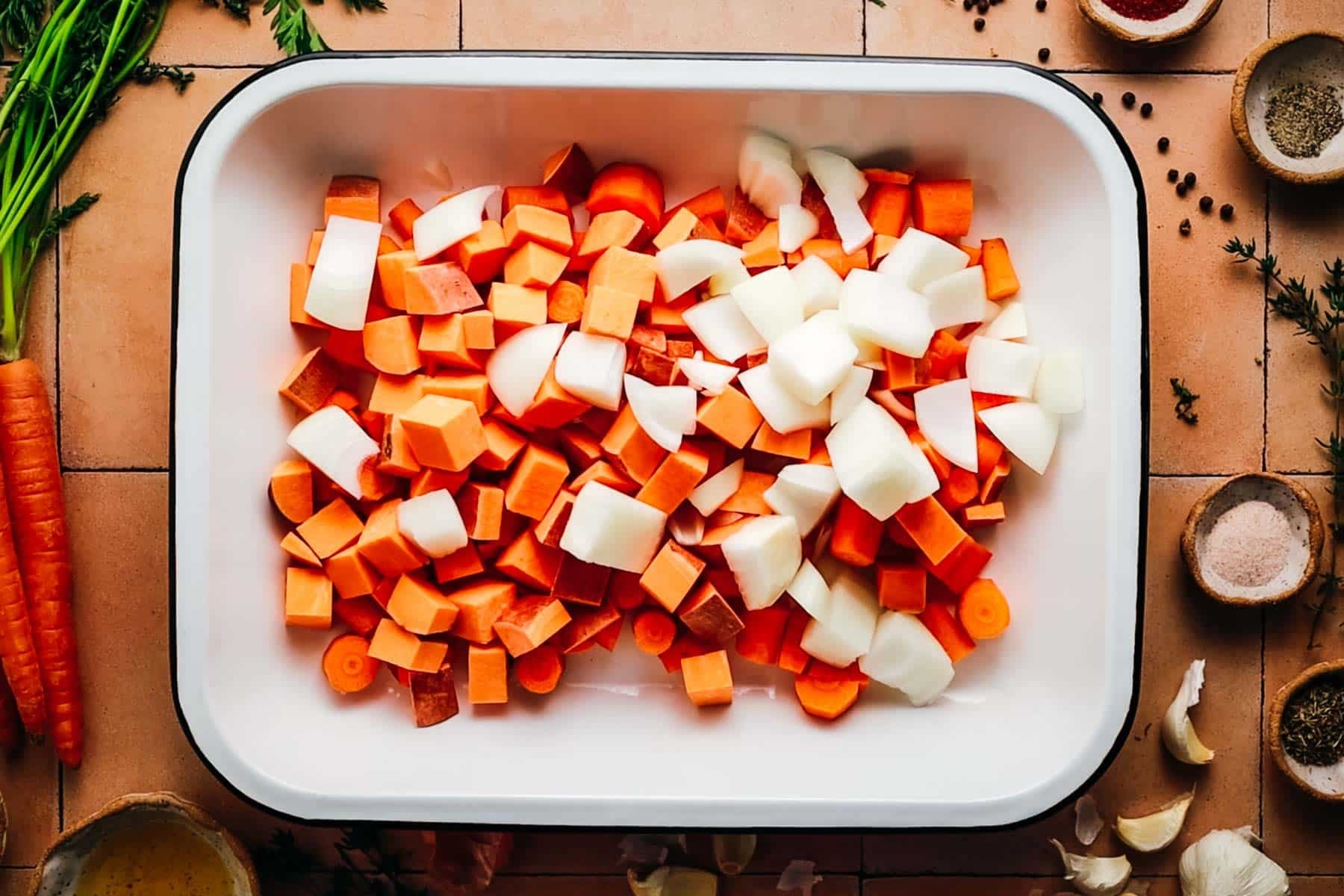 Chopped carrots and onions added to a baking dish.