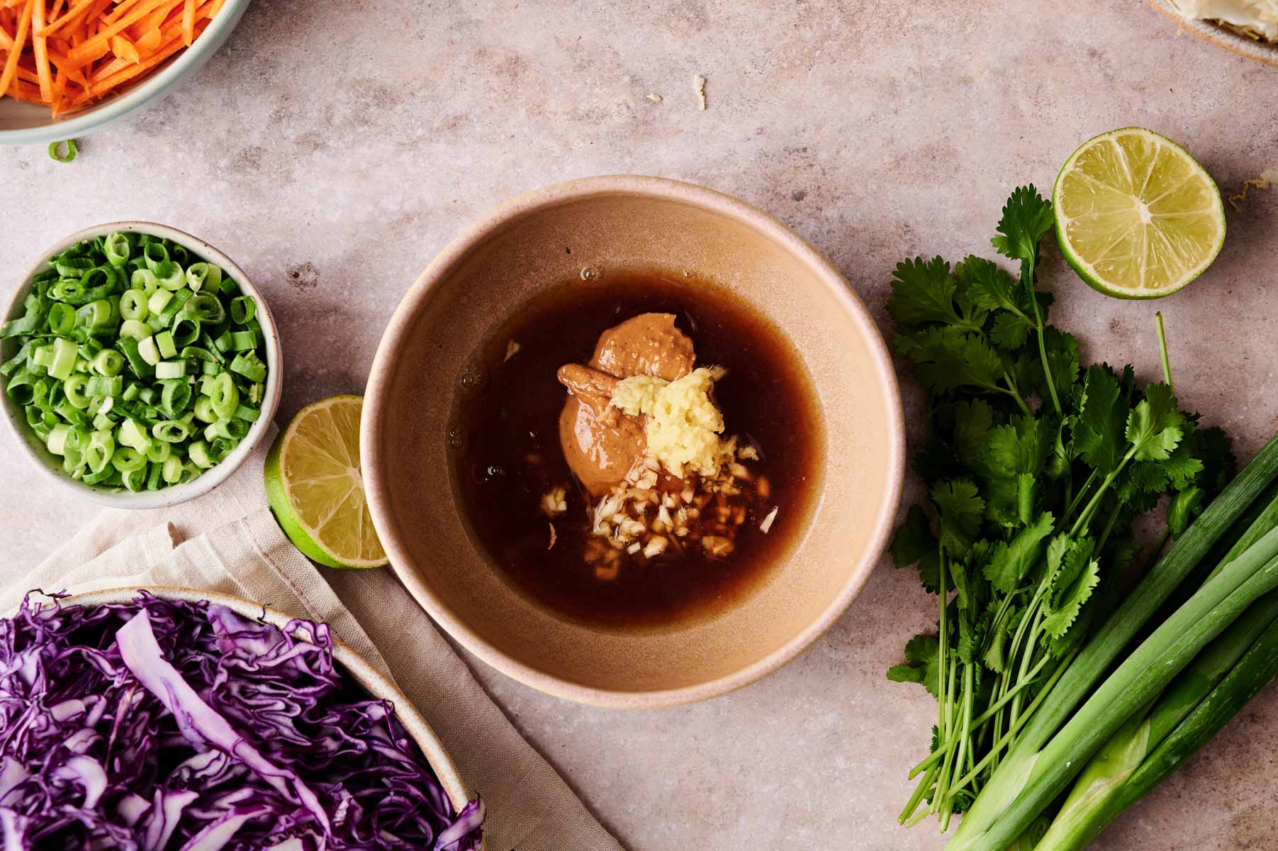 Making the sauce for homemade spring roll salad.