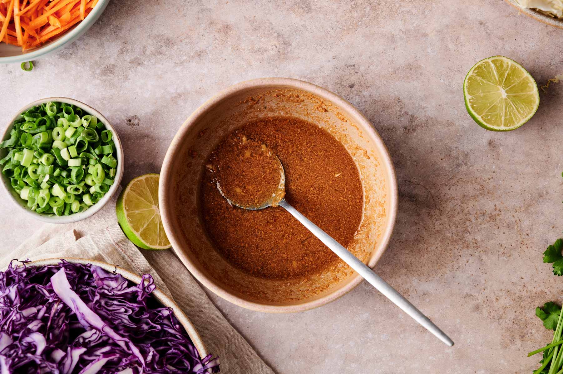 Making the sauce for homemade spring roll salad.