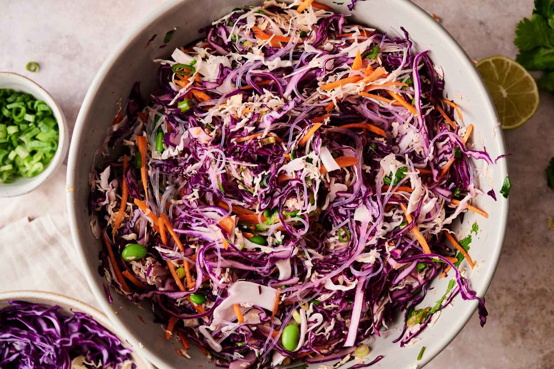 All of the ingredients for the spring salad being tossed and combined.