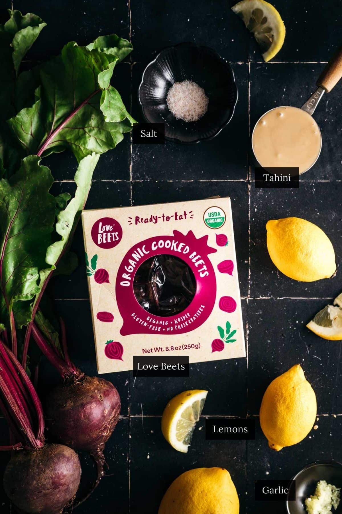 Ingredients for an easy 5 ingredient beet hummus recipe with each ingredient labeled.