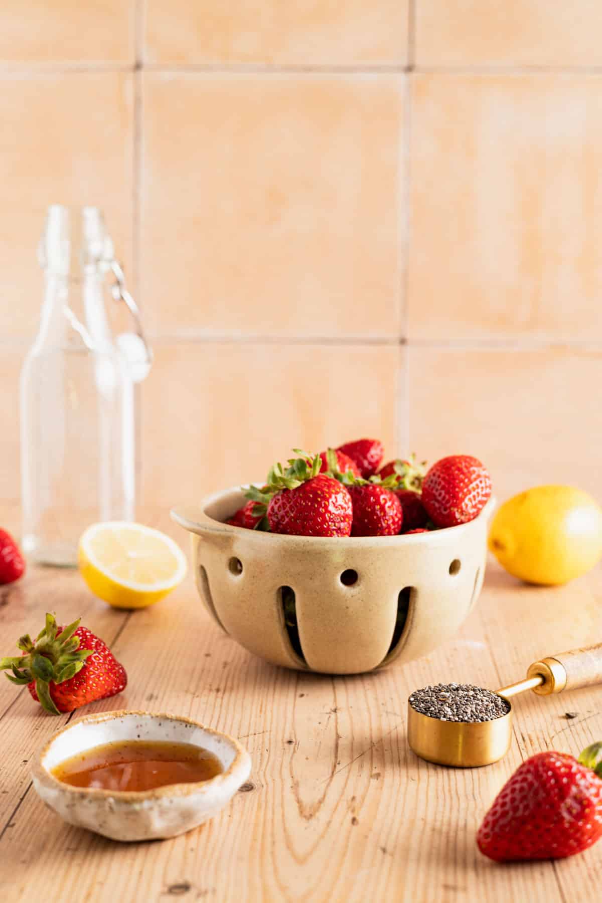 Ingredients for strawberry chia seed jam.