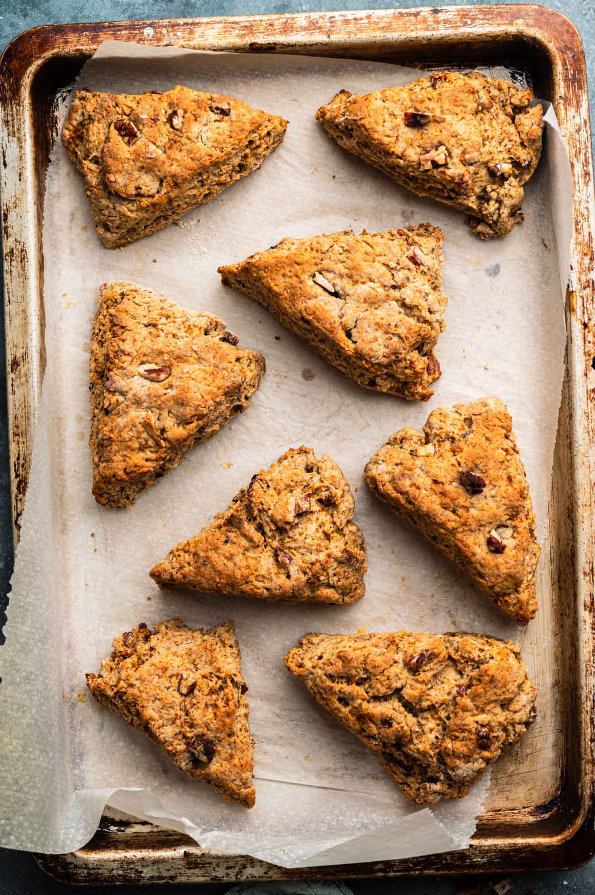 Banana scones cooked on a baking tray.